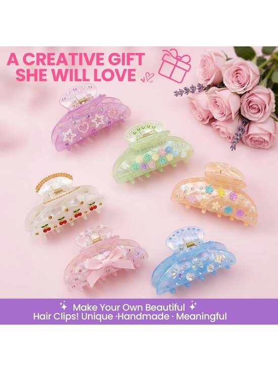 DIY Claw Clip Decorating Kit - 6 Acrylic Hair Clips with Rhinestones & Charms main image 4